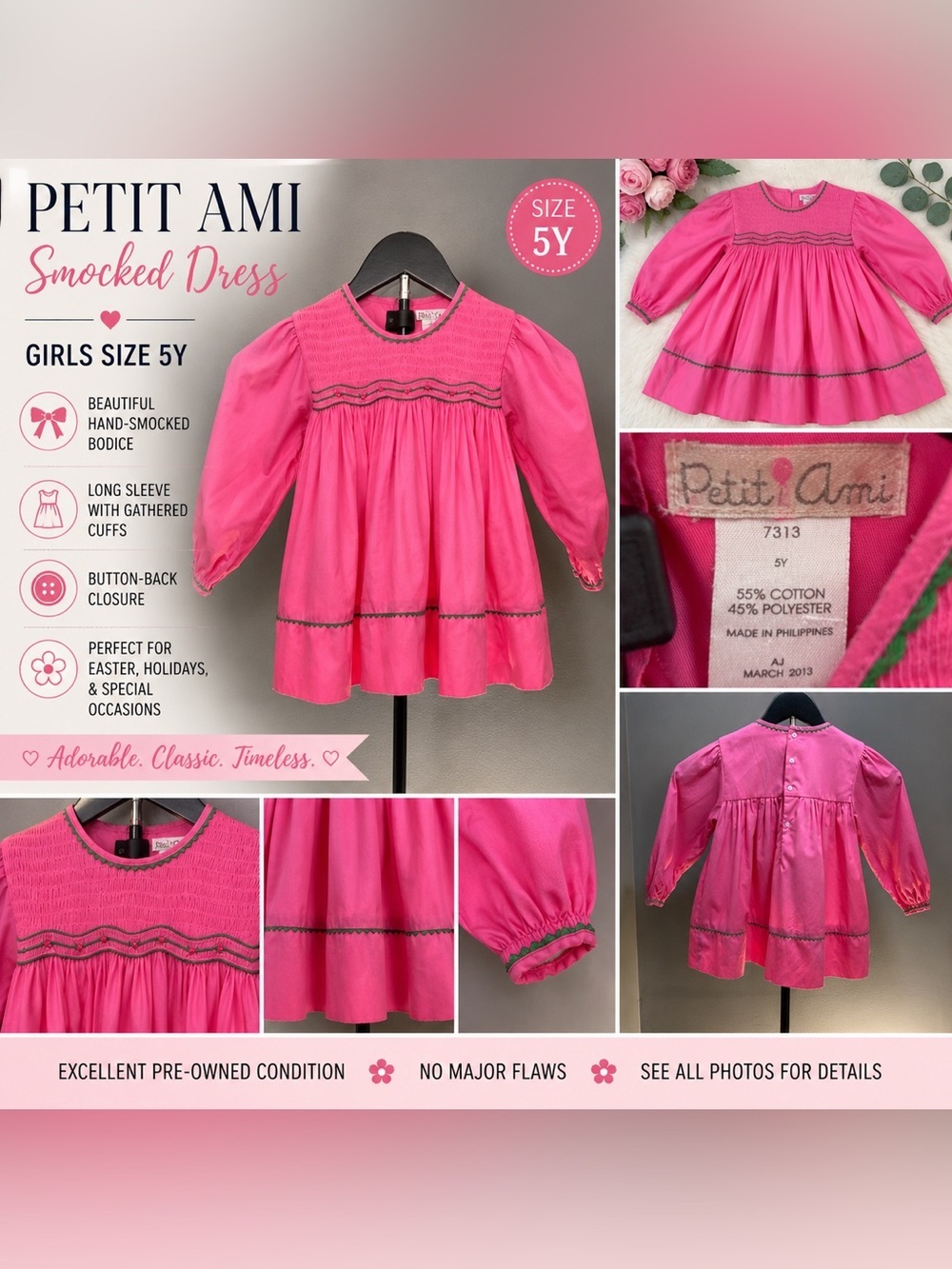 Petit Ami Girls Size 5 Pink Smocked Dress Long Sleeve Easter Holiday Dress